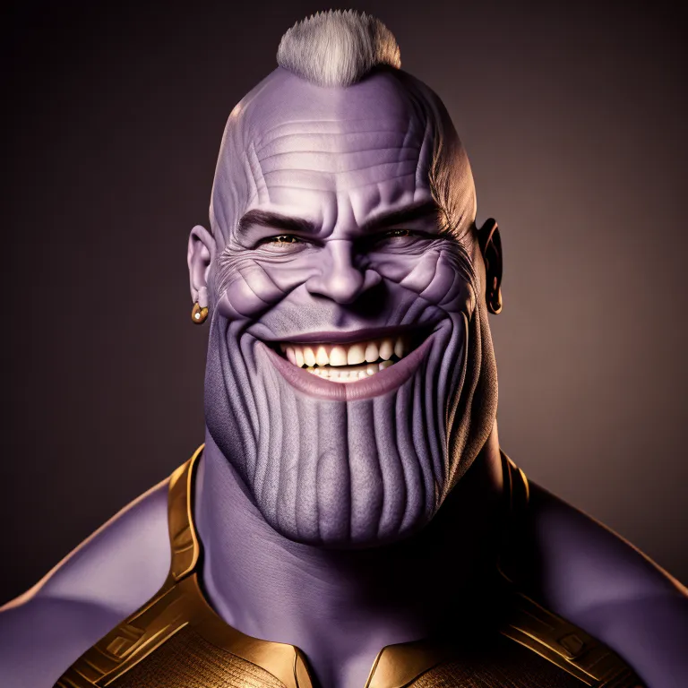 The image shows a purple alien with a large head and a muscular body. He has a wide smile on his face and is looking at the viewer. He is wearing a golden armor with a purple cape. His skin is textured, and he has a large chin. His eyes are small and his ears are pointed. He has a white streak in his hair.