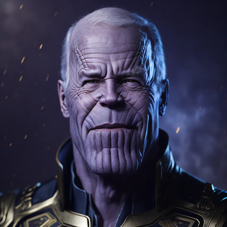 The image shows a realistic portrait of Thanos, a supervillain from Marvel Comics. Thanos is an older man with pale skin and a wrinkled face. He has a large chin and a prominent nose. His eyes are yellow and he has a purple mouth. He is wearing a black and gold suit of armor. The background is dark and there are some glowing particles in the air.