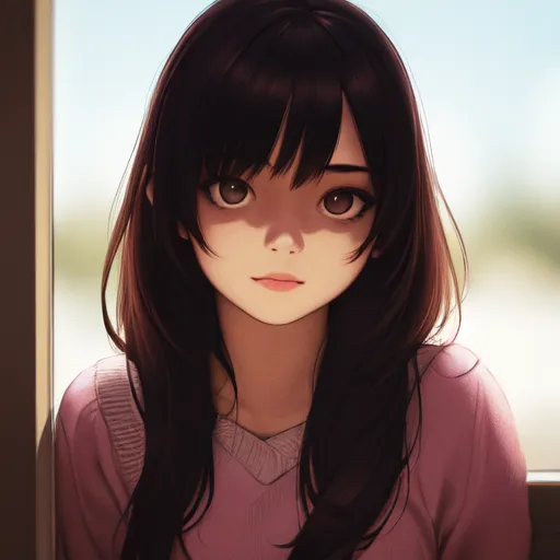 The image shows a young girl with long, dark brown hair and brown eyes. She is wearing a pink sweater and is standing in front of a window. The light from the window is shining on her face, creating a warm and peaceful atmosphere. The girl's expression is calm and serene, and she seems to be lost in thought. The image is drawn in a realistic style, and the artist has paid close attention to detail. The girl's hair is rendered in particularly impressive detail, with each individual strand visible. The image is also well-lit, and the colors are vibrant and lifelike. Overall, this is a beautiful and well-executed piece of digital art.