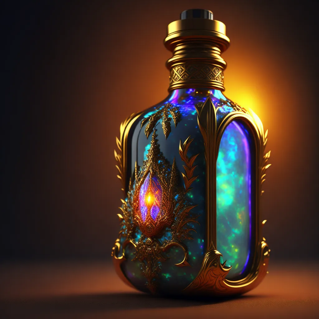 La imagen muestra una botella de poción mágica. La botella está hecha de vidrio y tiene una tapa dorada. La botella está decorada con adornos dorados y tiene un líquido brillante en su interior. El líquido es azul y verde y brilla intensamente. La botella está colocada sobre una superficie marrón. El fondo es de color marrón oscuro.