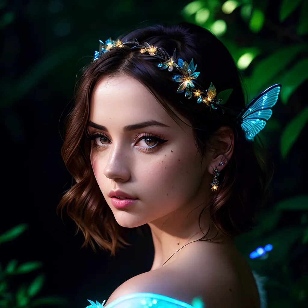 The image shows a beautiful young woman with long brown hair and light blue eyes. She is wearing a circlet of blue flowers in her hair and has blue butterfly wings attached to her ears. She is wearing a white dress with a blue sash and has a gentle smile on her face. She is standing in a dark forest, with green leaves and plants in the background.