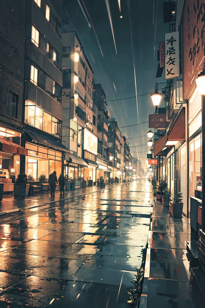 L'image représente une scène de rue par une nuit pluvieuse. La rue est éclairée par les lumières des boutiques et des lampadaires. La pluie tombe légèrement et la rue est mouillée. Un couple marche dans la rue et quelques voitures sont garées sur le côté. Les bâtiments sont grands et étroits, principalement en brique. L'image est très atmosphérique et capture l'ambiance d'une nuit pluvieuse dans une grande ville.