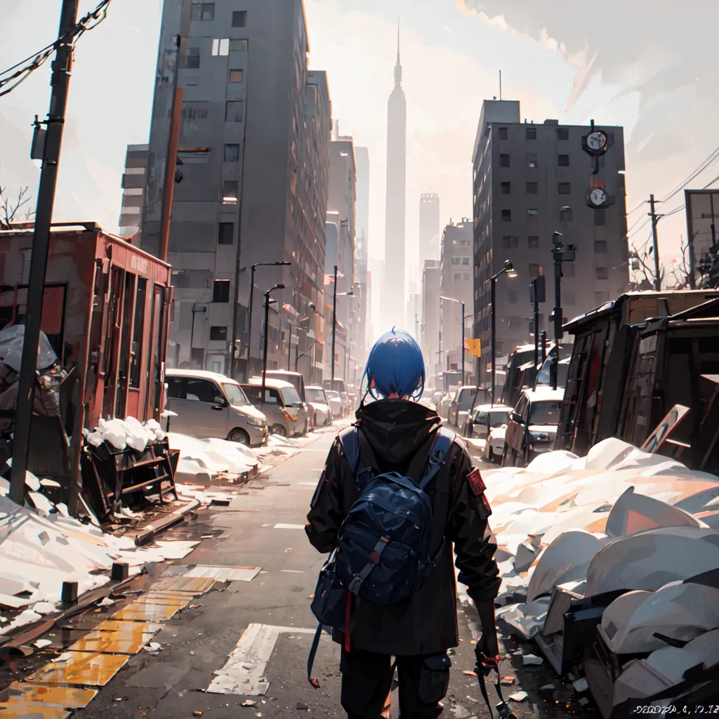 L'image montre une rue d'une ville post-apocalyptique. Il y a de grands bâtiments des deux côtés de la rue. Les bâtiments sont endommagés et abandonnés. Il n'y a pas de personnes dans la rue. Il y a une femme aux cheveux bleus portant une veste noire qui s'éloigne de la caméra. Elle porte un sac à dos. L'image est dans des couleurs atténuées.