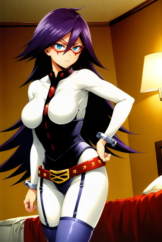 The image contains a young woman with purple hair and red eyes. She is wearing a white and black bodysuit with a red belt. She is also wearing glasses. She is standing in a bedroom. There is a lamp on the nightstand behind her. The bed has red sheets.