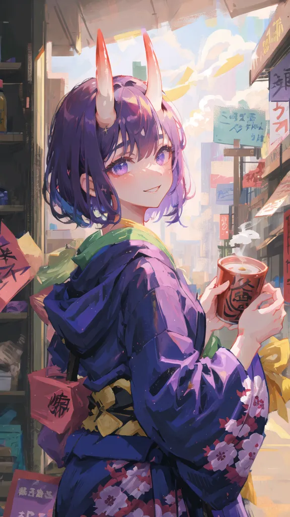 The image is a portrait of a young woman with purple hair and horns. She is wearing a purple kimono with a floral pattern and a yellow obi. She is holding a cup of tea in her right hand. The background is a busy street with shops and people walking around. The painting is done in a realistic style and the colors are vibrant and lifelike.