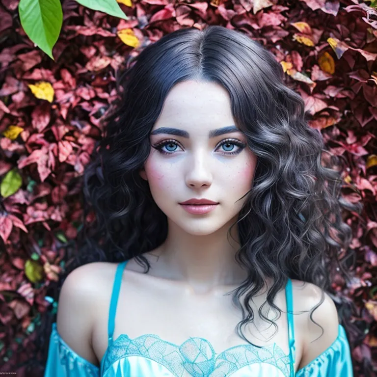 The picture shows a young woman with an ethereal expression on her face. She has clear blue eyes and flawless skin. Her hair is a dark brown color and it is styled in loose waves. She is wearing a blue dress with a sweetheart neckline. The dress is off-the-shoulder and it has a lace overlay. The woman is standing in front of a red rose bush. The roses are in full bloom and they are a vibrant shade of red. The woman's eyes are closed and she seems to be enjoying the fragrance of the roses. The image is very peaceful and serene.