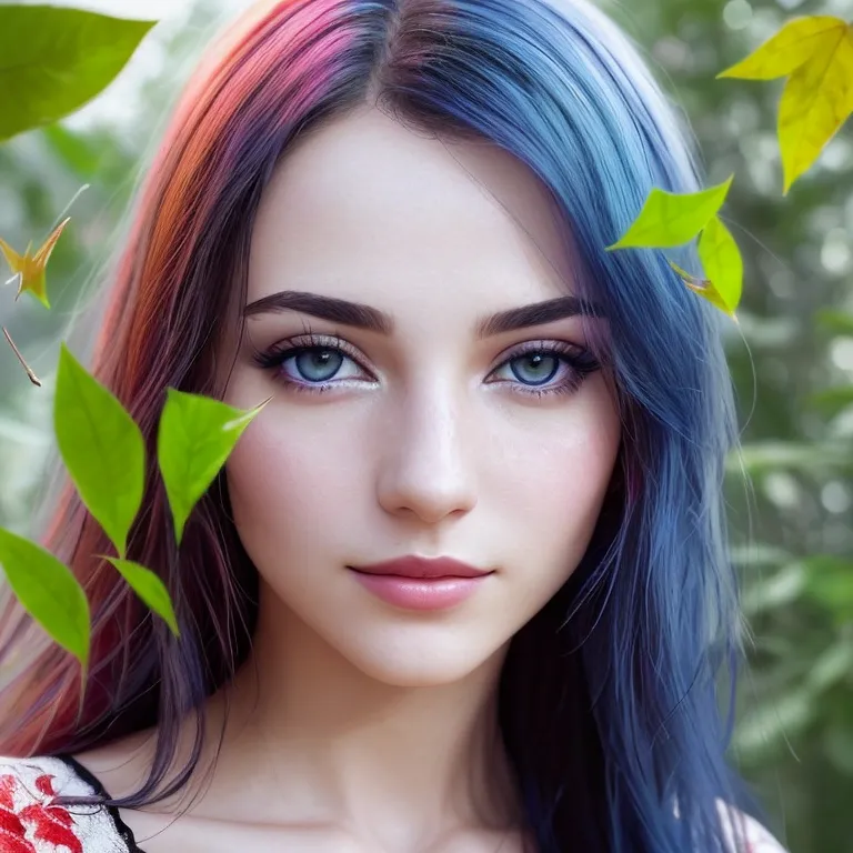 La imagen muestra a una mujer joven con el cabello largo y ondulado. Su cabello es una mezcla de colores, incluyendo azul, verde y rosa. Los ojos de la mujer son de un color azul claro y su piel es clara. Lleva un vestido blanco con escote de corazón. El vestido está adornado con encaje. La mujer está de pie en un bosque y hay hojas verdes en el fondo.