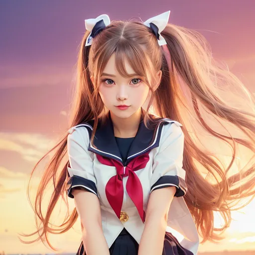 The image shows a young girl with long brown hair and brown eyes. She is wearing a white and blue sailor-style school uniform with a red ribbon. The girl is standing in a field of flowers, and the sun is setting in the background. The sky is a gradient of purple and pink. The girl is looking at the viewer with a serious expression.