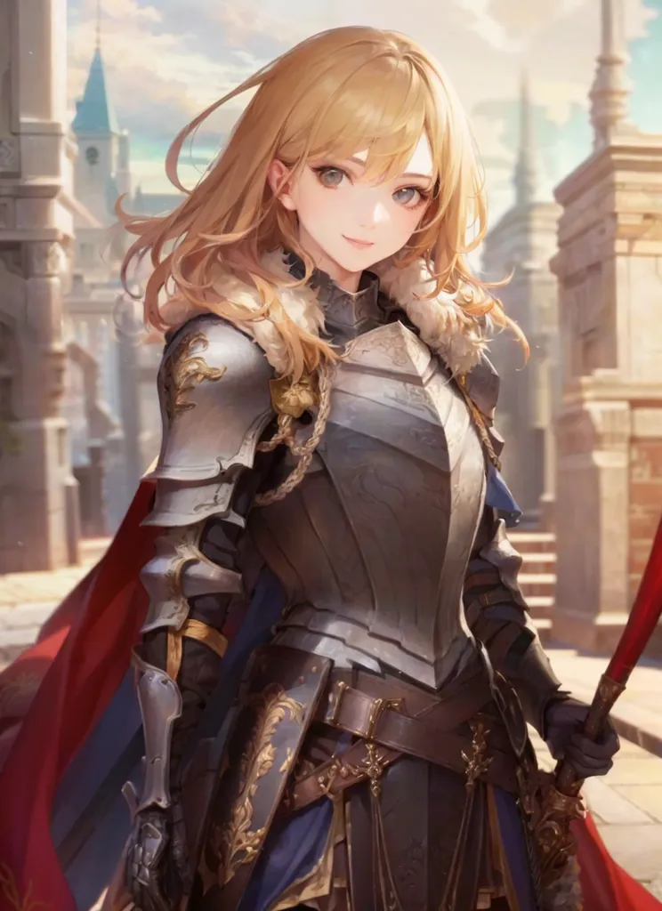 L'image représente une jeune femme en armure. Elle a de longs cheveux blonds et des yeux bleus. Elle porte une cuirasse argentée avec des bordures dorées, et un manteau rouge. Elle porte également une ceinture d'épée avec une épée. Elle se tient dans une cour, avec un château en arrière-plan.