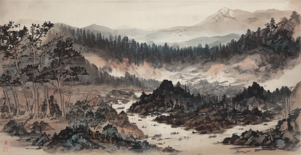 The image is a Chinese landscape painting in the style of the Song Dynasty. It depicts a wide river flowing through a mountainous landscape. The river is in the foreground of the painting, with a small boat on it. The mountains are in the background, with a temple nestled in the valley. The painting is done in ink and wash, with light washes of color. The brushwork is delicate and precise, and the overall effect is one of peace and tranquility.

The painting is attributed to the late Song Dynasty artist Qian Xuan (1235-1307). Qian Xuan was a native of Wuxing, Jiangsu Province. He was a member of the "Four Masters of the Yuan Dynasty", along with Huang Gongwang, Wu Zhen, and Ni Zan. Qian Xuan's paintings are known for their simple and elegant style, and they are often compared to the works of the Song Dynasty artist Mi Fu.