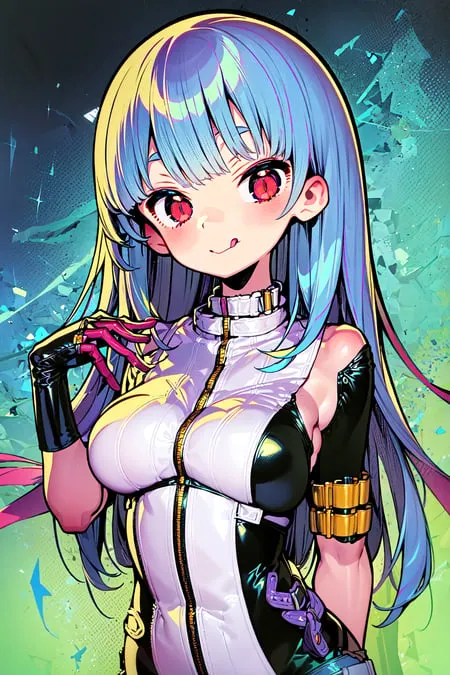 The image is an anime-style illustration of a young woman with long blue and yellow hair, red eyes, and a beauty mark under her left eye. She is wearing a white and black bodysuit with a yellow collar and a pair of black gloves. She is also wearing a pair of yellow boots and has a yellow belt around her waist. She is standing against a dark background and there are several colorful shapes and lines surrounding her.