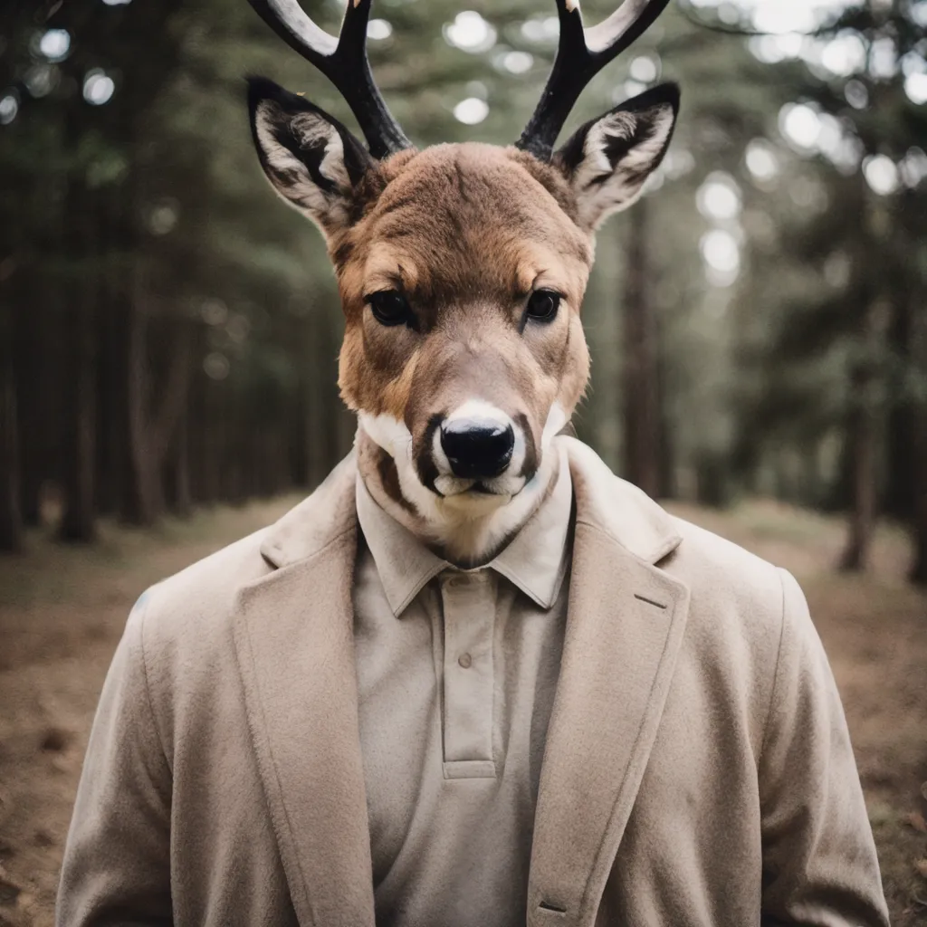 A imagem mostra um homem usando uma cabeça de veado. Ele está usando um casaco de terno bege e uma camisa branca com colarinho. Ele está em pé em uma floresta escura. O rosto do homem não é visível, mas seus olhos são visíveis através da cabeça de veado. A imagem é tirada de um ângulo baixo, fazendo com que o homem pareça mais alto e imponente.