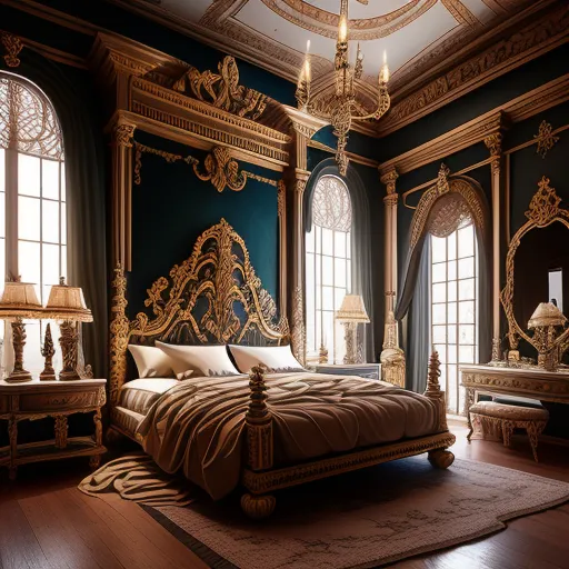 The image is a bedroom. It is furnished with a large, ornate bed, two nightstands, a dresser, and a vanity. The bed has a dark green headboard and gold trim. The nightstands are made of the same dark green wood as the headboard and have gold drawer pulls. The dresser has a mirror on top of it and is also made of dark green wood with gold trim. The vanity has a white marble top and a gold-trimmed mirror. The floor is covered in a dark brown carpet. The walls are paneled with dark green wood and have gold trim. The ceiling is coffered and has a gold-trimmed chandelier. There are two large windows in the room. The windows have dark green curtains with gold tiebacks. The room is lit by the chandelier and two lamps on the nightstands.