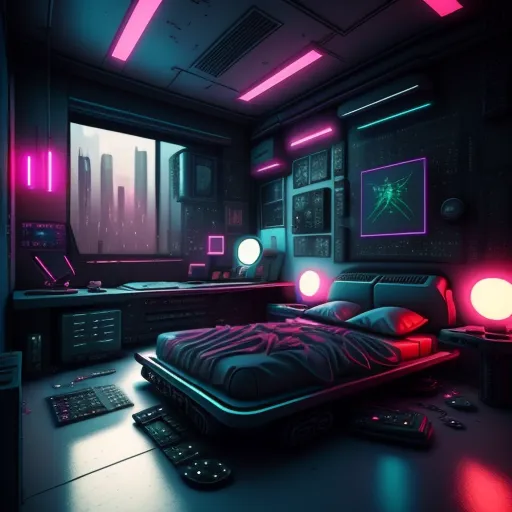 L'image représente une chambre avec une grande fenêtre, un lit, un bureau et quelques autres meubles. La pièce est décorée dans un style futuriste avec des lumières néon vives et des murs sombres. Le lit est un grand lit sur plateforme avec un cadre noir et un matelas rose. Le bureau est un grand bureau en L avec un cadre noir et un plateau blanc. La pièce est également décorée de quelques œuvres d'art, notamment une grande peinture d'une ville et une enseigne au néon qui dit \