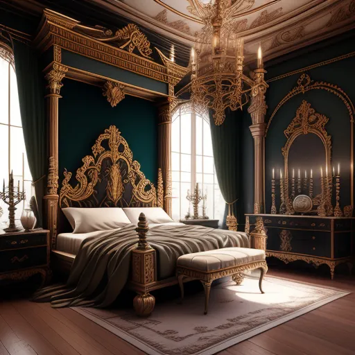 The image is a bedroom with a large, ornate bed. The bed has a dark green canopy and gold frame. There is a matching bench at the foot of the bed. The walls are paneled with dark green wood and the floor is covered in a brown patterned carpet. There are two windows with dark green curtains. There is a large chandelier hanging from the ceiling. There are also several candlesticks on the walls and a dressing table with a mirror.