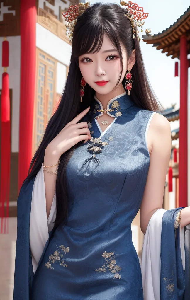 L'image montre une jeune femme debout dans une cour traditionnelle chinoise. Elle porte un cheongsam bleu avec des bordures blanches et une écharpe blanche. Le cheongsam est brodé de fils d'or et d'argent. Elle porte également une paire de boucles d'oreilles rouges et un collier. Ses cheveux sont longs et noirs, et elle porte une coiffure traditionnelle chinoise. Elle se tient devant un mur rouge, et il y a des lanternes rouges suspendues aux avant-toits du bâtiment.