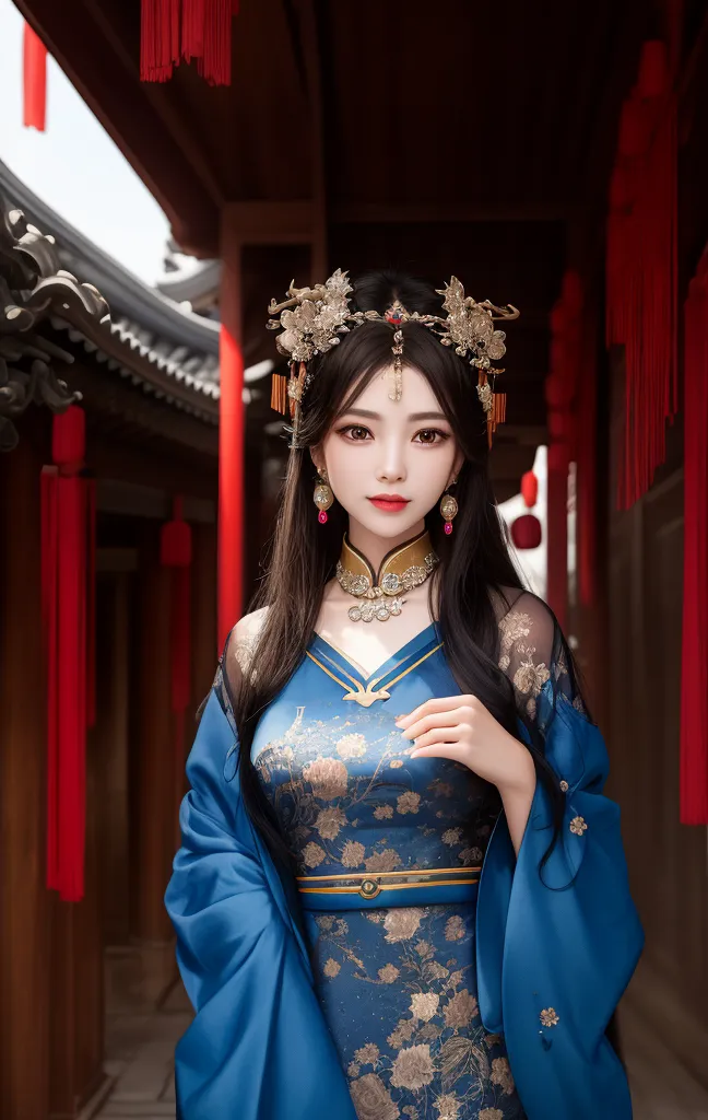 これは伝統的な中国のドレスを着た若い女性の画像です。ドレスは青色で、金と銀のアクセントがあります。女性は長い黒髪で、赤いネックレスと耳飾りを身に着けています。また、伝統的な中国の頭飾りも着用しています。画像の背景は伝統的な中国の中庭です。