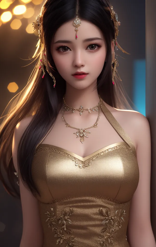 The image shows a young woman with long black hair and brown eyes. She is wearing a golden dress with a sweetheart neckline and a high slit. The dress is decorated with intricate gold and silver embroidery. She is also wearing a necklace and earrings. Her hair is styled in a bun with two long strands framing her face. She has a serene expression on her face. The background is a dark blue with a spotlight shining down on her.