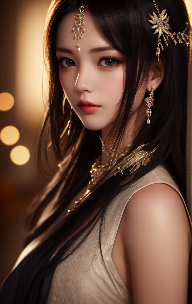 The picture shows a young woman with long black hair. She is wearing a golden necklace and a golden headpiece. Her eyes are brown and her skin is fair. She is wearing a white dress with a golden belt. The background is blurry and there are some golden lights in the background.