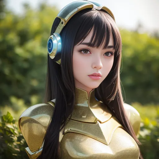 The image is a portrait of a young woman with long black hair and brown eyes. She is wearing a golden armor and a pair of headphones. She has a serious expression on her face. The background is blurred and looks like a forest.