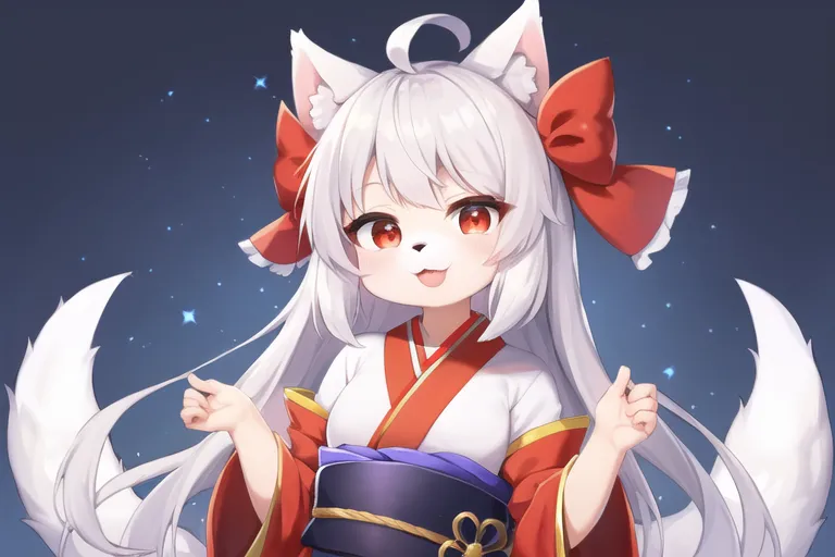 The image is of a young girl with white hair and red eyes. She is wearing a red and white kimono with a large red bow in her hair. She has nine tails, which are all white. She is smiling and has a playful expression on her face. The background is a dark blue color with a starry night sky.