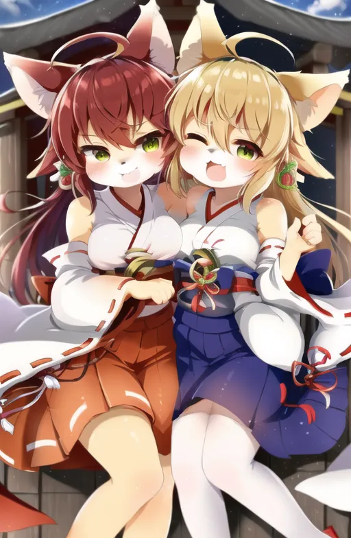 The image shows two anime-style fox girls in traditional Japanese clothing. The girl on the left has red hair and green eyes, while the girl on the right has blonde hair and green eyes. They are both wearing white tabi socks and zori sandals. The girl on the left is wearing a red kimono with a white obi sash, while the girl on the right is wearing a blue kimono with a white obi sash. They are both smiling and have their arms around each other. In the background, there is a traditional Japanese house with a red roof.