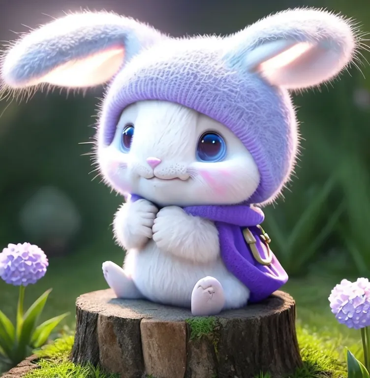 The image shows a cute cartoon rabbit wearing a purple hat and a purple cape. The rabbit is sitting on a tree stump in a field of flowers. The rabbit has big blue eyes and a pink nose. It is smiling and looks very happy. The image is drawn in a realistic style and the fur on the rabbit looks very soft.