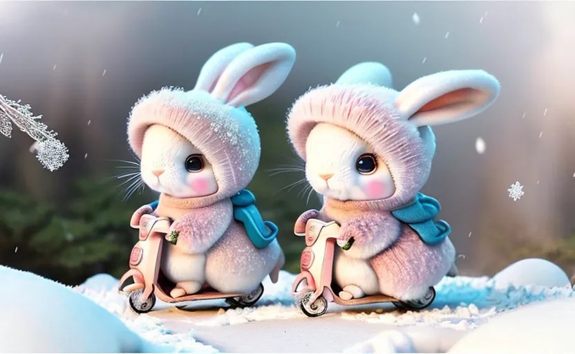 The image shows two cartoon rabbits riding pink and blue scooters through the snow. The rabbits are both wearing winter coats and hats. The background is a snowy forest.