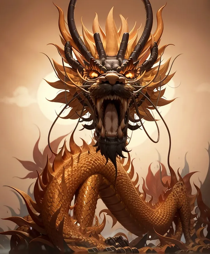 The image shows a golden dragon with black and yellow scales. The dragon has a long, serpentine body with a mane of yellow and black hair. Its eyes are wide and yellow, and its mouth is open in a roar. The dragon is standing on a bed of clouds, and there are mountains in the background. The dragon is facing the viewer, and it appears to be ready to attack.