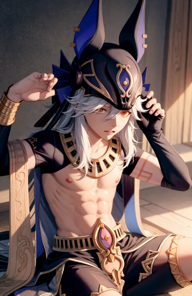 The image is of a shirtless man with white hair and red eyes. He is wearing an elaborate headdress and a belt with a large buckle. He has a muscular build and is sitting on a chair. The background is a blur of light and dark colors.