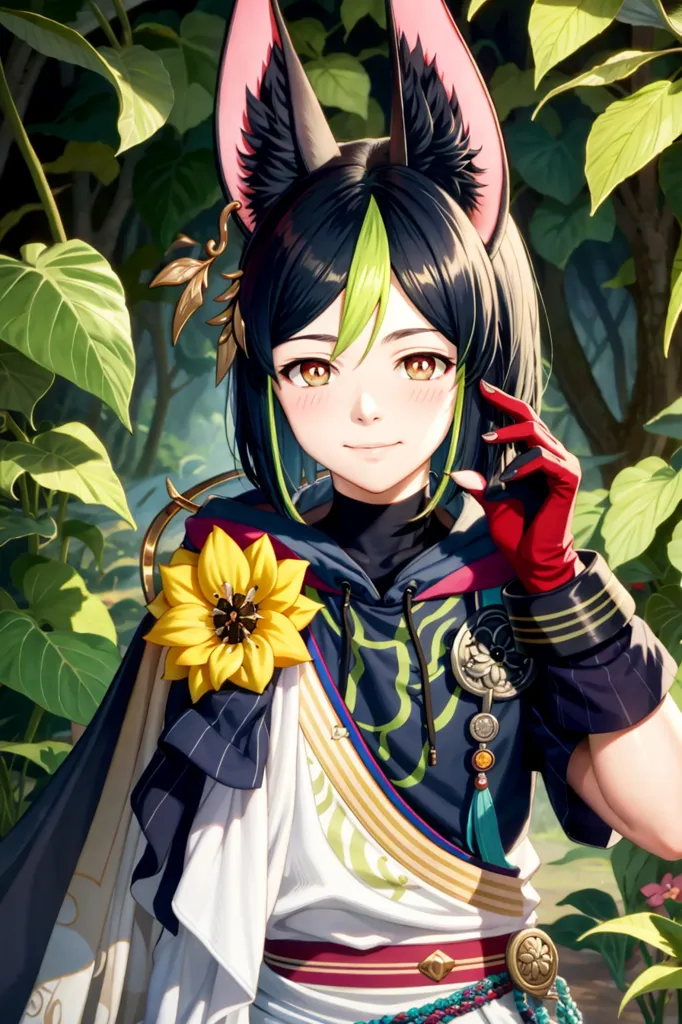 The image is of a young woman with long black hair and green eyes. She has cat ears and a tail. She is wearing a white and green kimono with a red obi. She is standing in a forest, and there is a yellow flower in her hair.