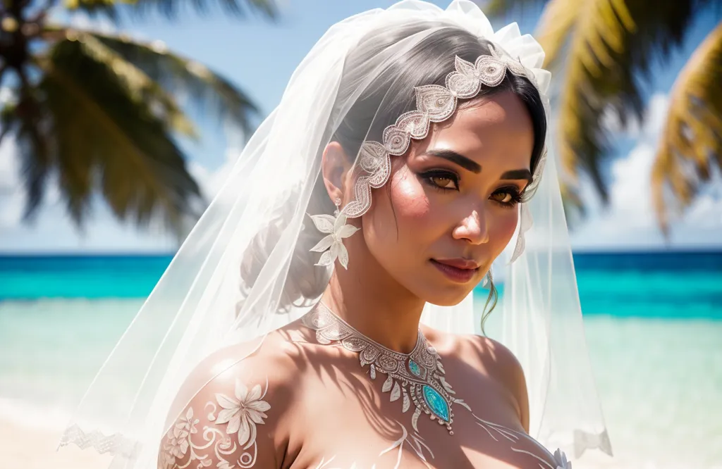 A beautiful woman, with a slight tan, is wearing an off-white, embroidered wedding dress and veil. The dress is strapless, with a sweetheart neckline. The veil is sheer, and is trimmed with delicate lace. The woman's hair is dark brown, and is styled in a loose, natural way. Her makeup is flawless, and her eyes are highlighted with a light blue shadow. She is wearing a silver necklace and earrings, which are set with light blue stones. The woman is standing in front of a tropical beach, with palm trees and blue water in the background.