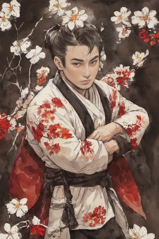 The image is a portrait of a young man in traditional Korean clothing. He is wearing a white robe with red and pink floral patterns and a black belt. His hair is tied in a bun and he has a small red dot on his forehead. He is standing in front of a dark background with white and pink cherry blossoms. The man has a serious expression on his face and is looking at the viewer with his arms crossed.