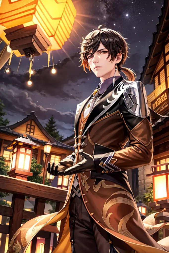 The image shows a young man with long dark hair and brown eyes. He is wearing a brown coat with gold and black trim. He is standing in a traditional Chinese courtyard with paper lanterns hanging in the background. The night sky is dark and there are stars twinkling.