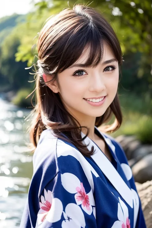 The image shows a young woman wearing a blue kimono with white and pink floral patterns. The kimono is tied with a white obi sash. The woman has long, dark hair that is styled in a hime cut with bangs. The hime cut is a traditional Japanese hairstyle that is often worn by young women. The woman's hair is decorated with a few small white flowers. The woman is smiling and looking at the camera. She is standing in front of a blurred background of a river and trees.