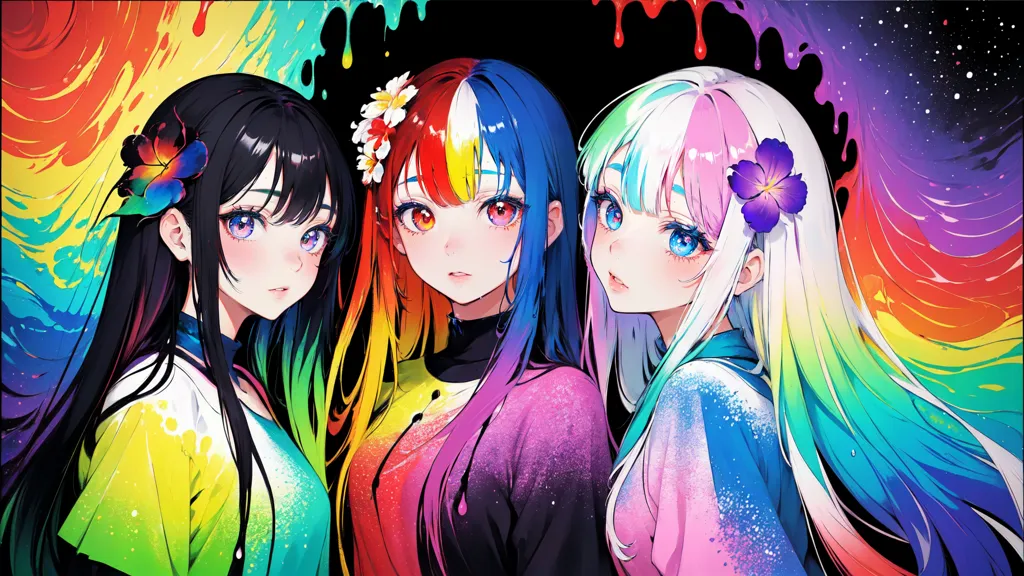 The image shows three anime girls with different colored hair. The girl on the left has black hair with blue tips and purple eyes. She is wearing a green shirt. The girl in the middle has rainbow-colored hair and orange eyes. She is wearing a purple shirt. The girl on the right has white hair with purple tips and blue eyes. She is wearing a pink shirt. All three girls are covered in paint. There is a dark background with bright rainbow-colored streaks.