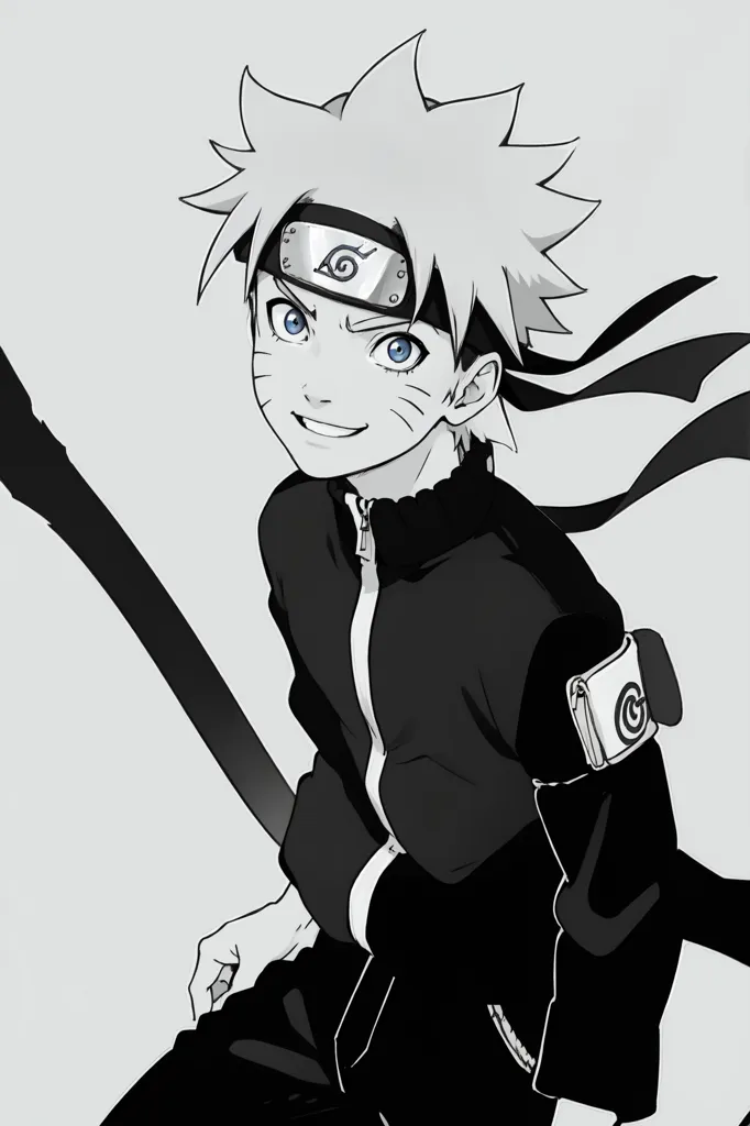 The image is a black-and-white drawing of Naruto Uzumaki, a character from the anime series Naruto. He is shown as a young boy with spiky blond hair and blue eyes. He is wearing a black jacket with a white collar and a white headband with a blue symbol on it. He is also wearing a black pants and black shoes. He has a determined expression on his face and is holding a kunai in his right hand. The background is white with a few lines on the left side.