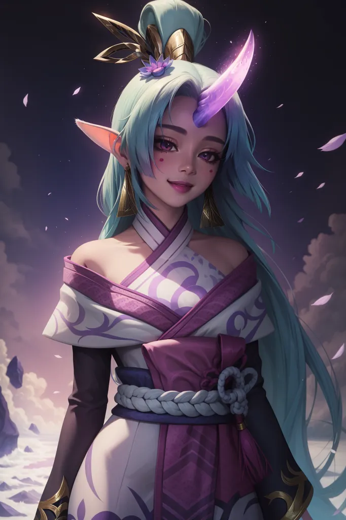 The picture shows a beautiful anime girl with long green hair and purple eyes. She is wearing a white and purple kimono with a pink obi. She has a horn on her forehead and is surrounded by a purple aura.