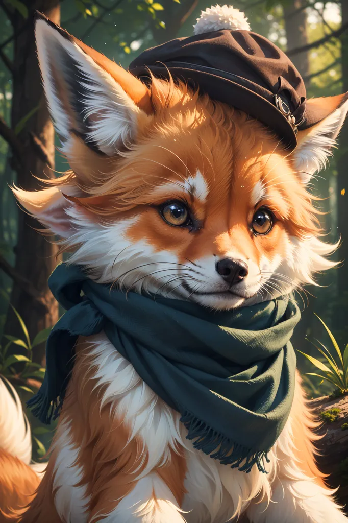 The image shows a small, furry creature with fox-like features. It has large, pointed ears and a long, bushy tail. Its fur is orange and white, and it has a green scarf around its neck. It is wearing a brown hat with a white pom-pom. The creature is sitting in a forest, surrounded by trees and plants. It is looking at the viewer with a curious expression.