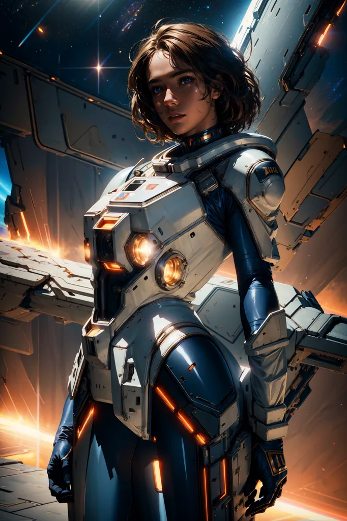 This is an image of a woman in a futuristic spacesuit. She is standing in front of a spaceship. The spacesuit is white and blue with orange lights on the chest and arms. The woman has short brown hair and blue eyes. She is looking at the camera.