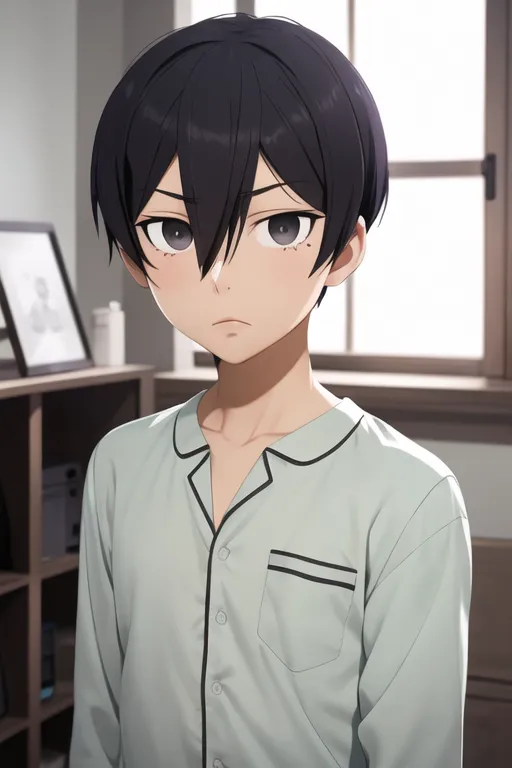 This is an image of a young boy in his pajamas. He has short black hair and dark eyes. He is standing in a bedroom. There is a window behind him. He is wearing a green and white striped pajama top. The collar of his pajamas is white. He has a serious expression on his face.