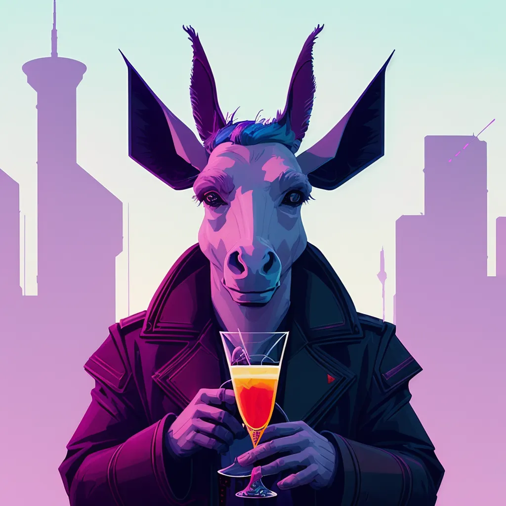 The image is a portrait of a humanoid donkey dressed in a black leather jacket with a purple shirt underneath. The donkey has blue hair and purple eyes. The background is a cityscape with tall buildings and a purple sky. The donkey is holding a martini glass with a yellow drink in it.