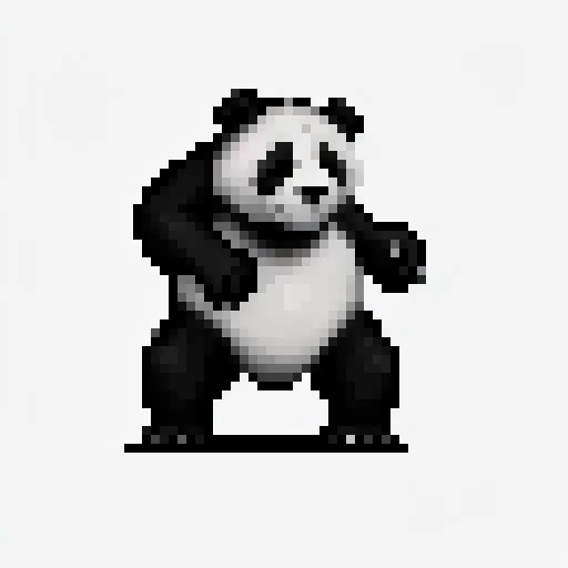 This is a pixelated image of a panda. It is standing on a black line and facing the viewer. The panda is black and white with a round face and a large belly. Its ears are perked up and it has a small smile on its face. The background is white.