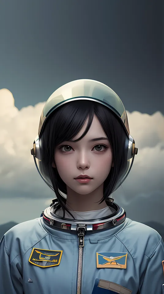 A young girl in a spacesuit is standing on a planet. She has short black hair and brown eyes. She is wearing a white spacesuit with a blue collar. The spacesuit has a pattern of small circles on it. She is also wearing a helmet with a visor. The visor is reflecting the clouds.