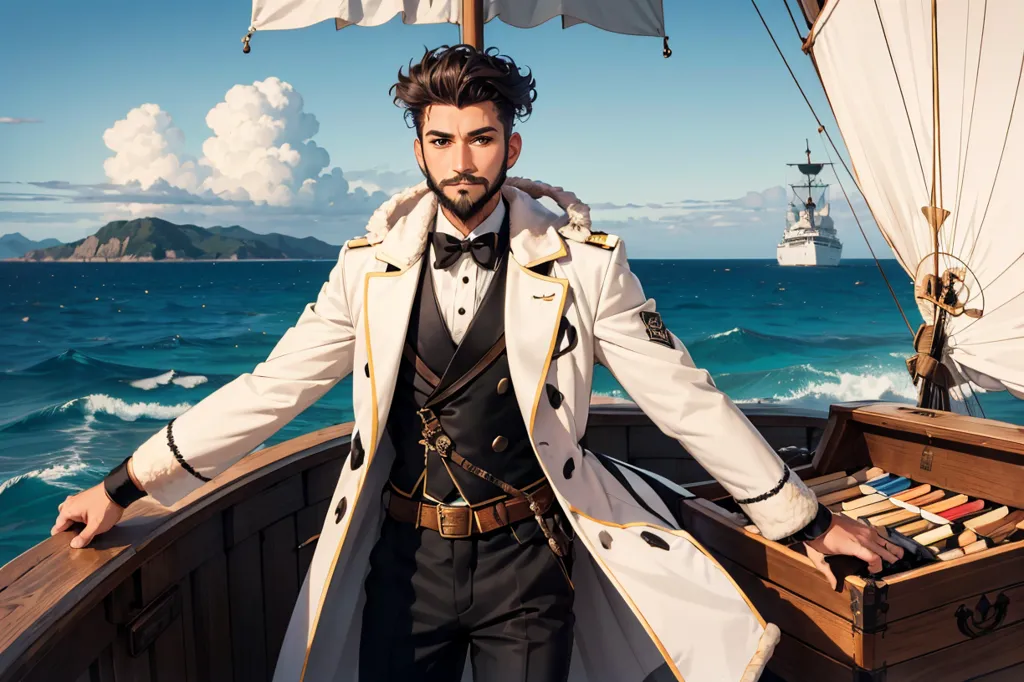 A man with brown hair and a beard is standing on the deck of a ship. He is wearing a white coat and a black vest. He has a sword at his side and a book in his hand. The ship is sailing on a rough sea. There are large waves and a dark sky. In the distance is another ship.