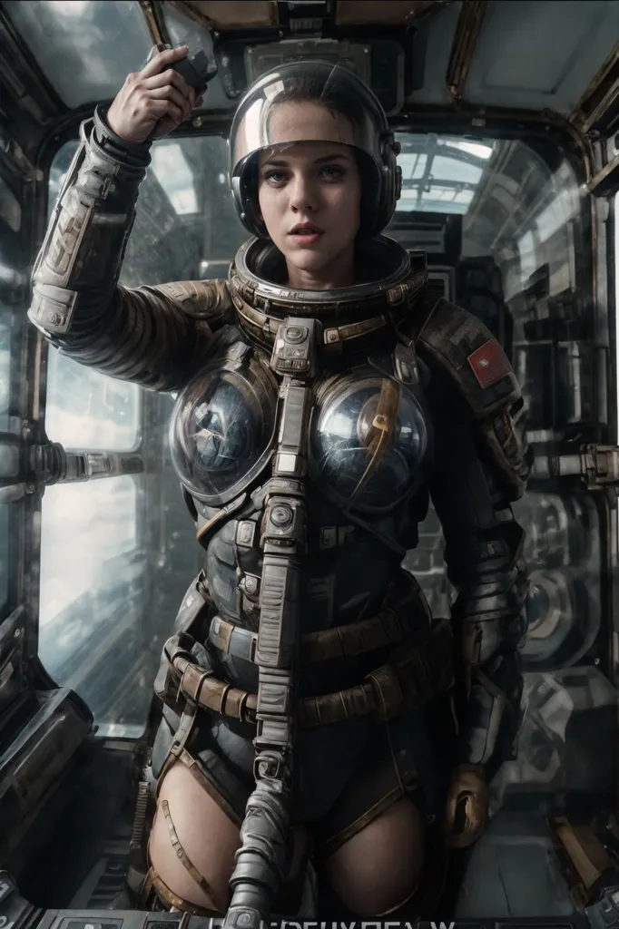 This is an image of a woman in a spacesuit. She is standing in a spaceship and looking at the camera. She has her helmet on and is wearing a spacesuit with a clear bubble helmet. The spacesuit is grey and black and has a pattern of lines and circles on it. She is also wearing a backpack and has a gun in her hand. The background of the image is a spaceship with a lot of buttons and lights.