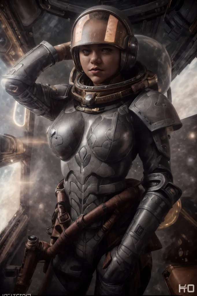 This is an image of a woman in a spacesuit. She is wearing a silver and brown spacesuit with a clear bubble helmet. She is also wearing a jetpack on her back. She is standing in front of a large window, looking out at a planet. There are stars and a nebula in the background.