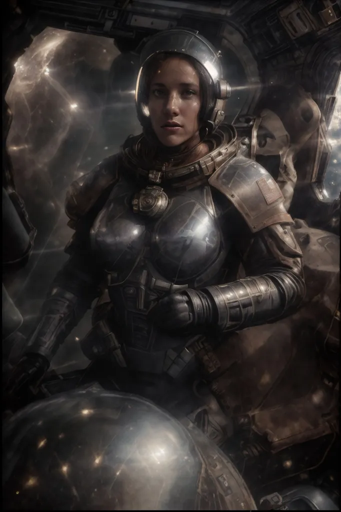 This is an image of a woman in a spacesuit. She is wearing a silver helmet with a clear visor. The spacesuit is dark gray and has a pattern of small circles all over it. She is also wearing a backpack and has a gun in her hand. She is standing in front of a large window, and there is a spaceship in the background.