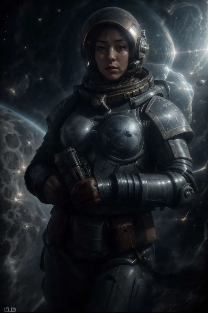 A young girl in a spacesuit is standing in front of a starry background. She is wearing a silver and black spacesuit with a helmet on. She has a gun in her hand. She is looking at the camera.