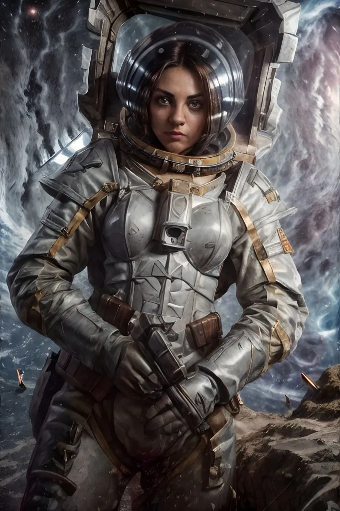 A young girl in a spacesuit is standing on a rocky moon or planetary landscape. She is looking at the viewer with a gun in her hand. She is wearing a white and gray spacesuit with a clear bubble helmet. The spacesuit has brown straps and a brown utility belt. She has a gun in her right hand. There is a spaceship in the background.